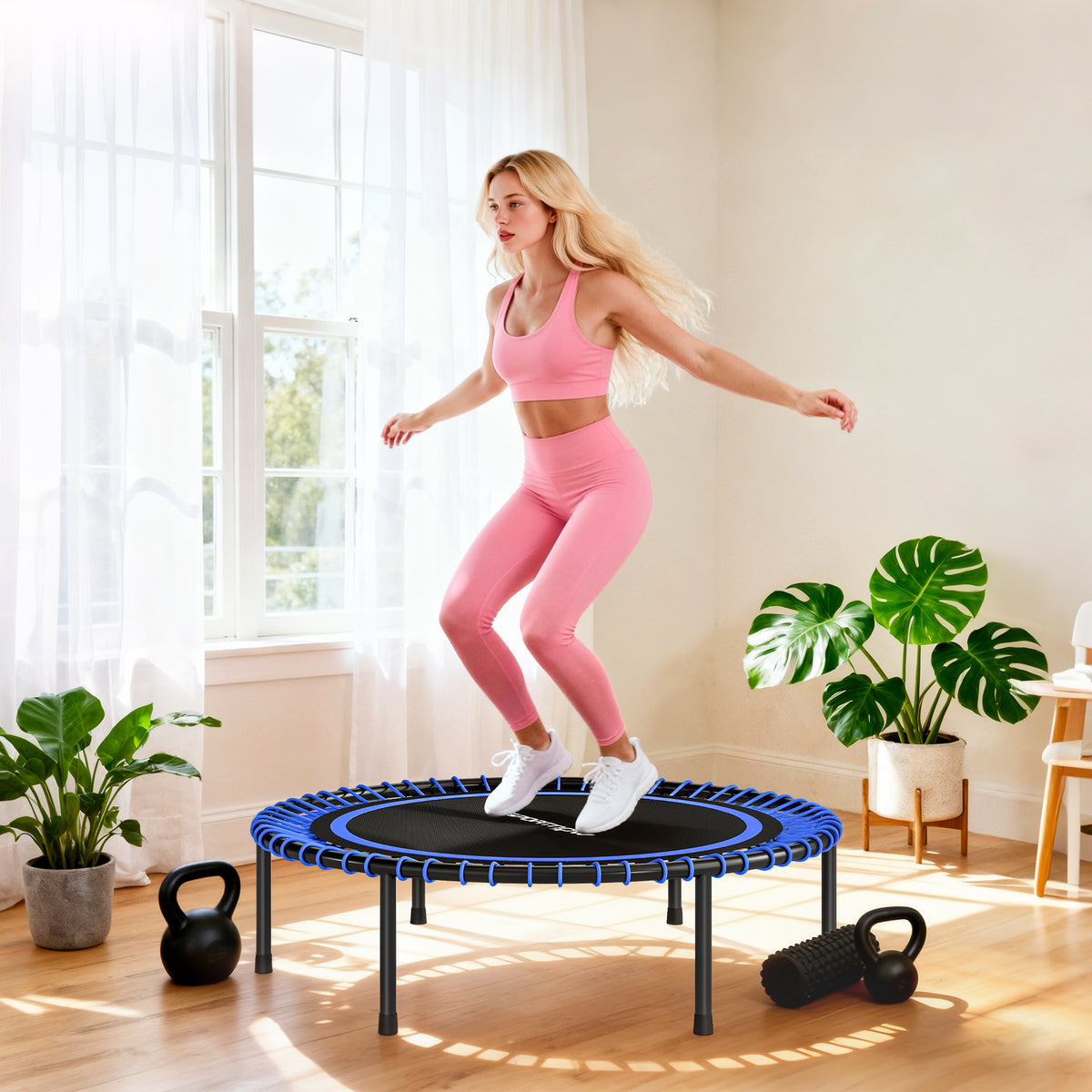 Trampolino Elastico Fitness a 36 Corde in Acciaio e PP, 114x31 cm, Blu