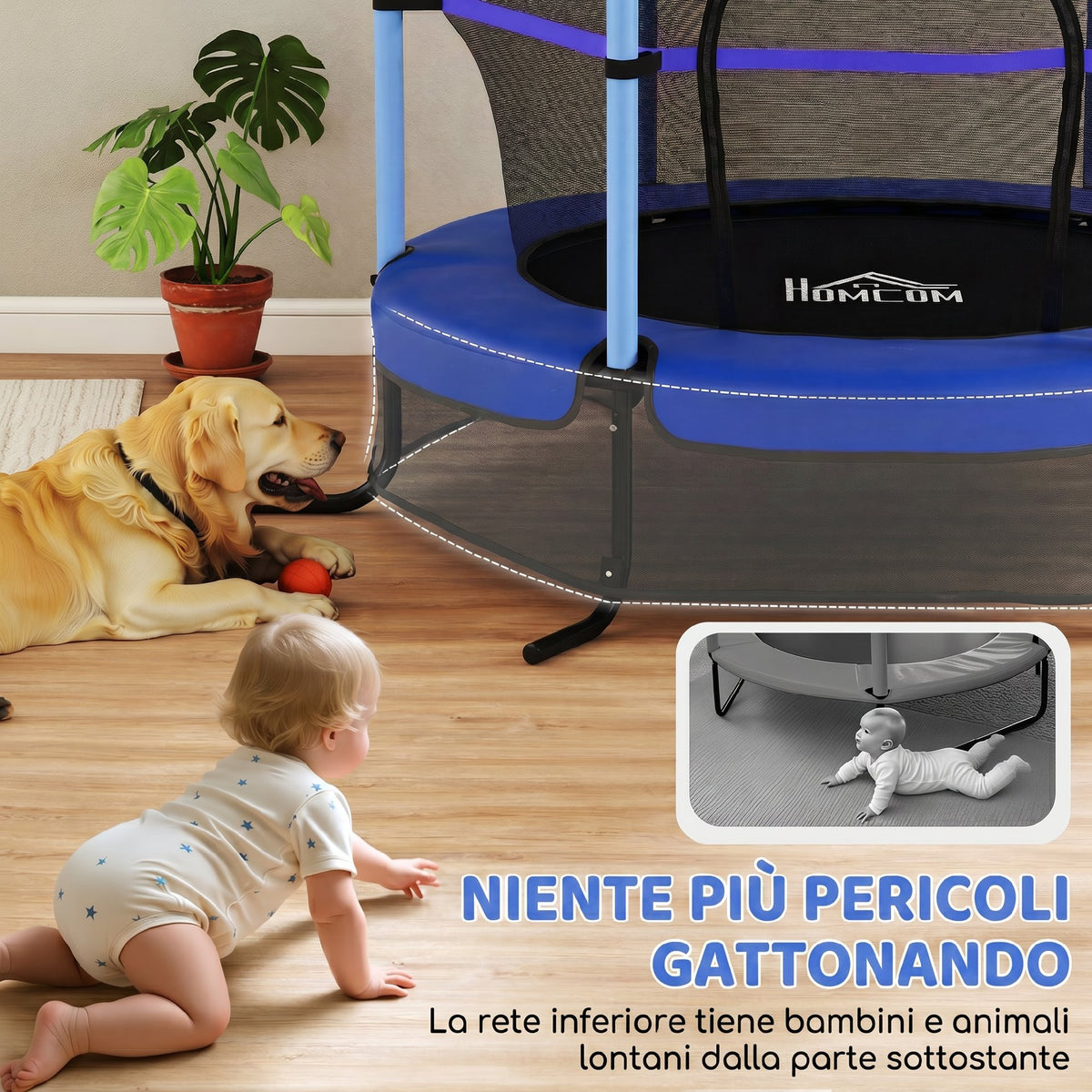 Trampolino Elastico per Bambini 1.6x1.9 m con Rete di Sicurezza e Pali Imbottiti, Età 3-10 Anni, Blu