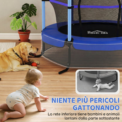 Trampolino Elastico per Bambini 1.6x1.9 m con Rete di Sicurezza e Pali Imbottiti, Età 3-10 Anni, Blu