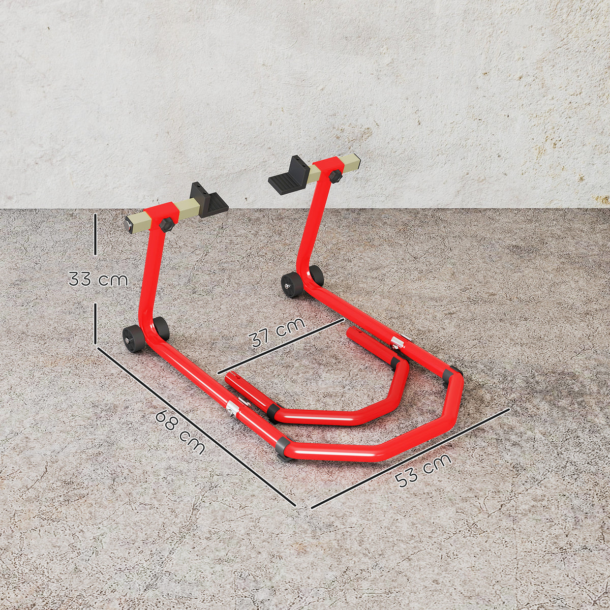 Cavalletto Moto Anteriore e Posteriore con Capacità 390 kg, Forcelle a U e L, Rotelle e Cuscinetti Antiscivolo, Rosso
