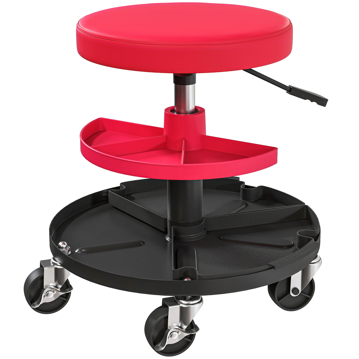 Sgabello da Officina con Ruote da 6 cm, Capacità fino a 135 kg, Altezza Regolabile 40-51 cm, con Vassoi Porta Utensili, Rosso