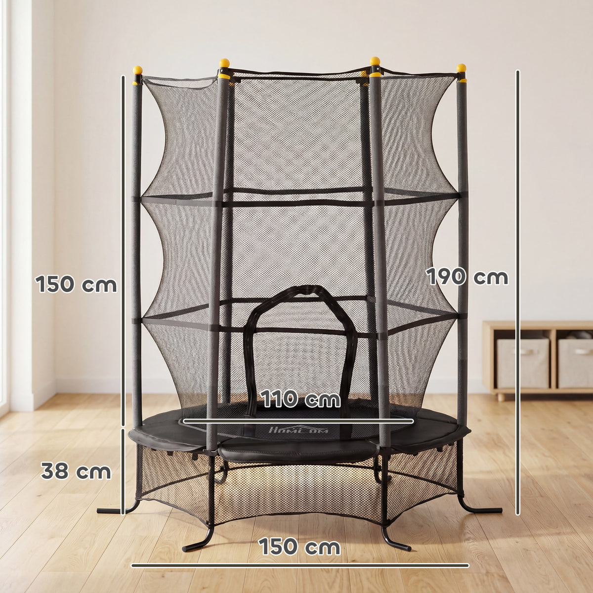 Trampolino Elastico per Bambini 1.6x1.9 m con Rete di Sicurezza e Pali Imbottiti, Età 3-10 Anni, Nero