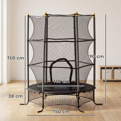 Trampolino Elastico per Bambini 1.6x1.9 m con Rete di Sicurezza e Pali Imbottiti, Età 3-10 Anni, Nero