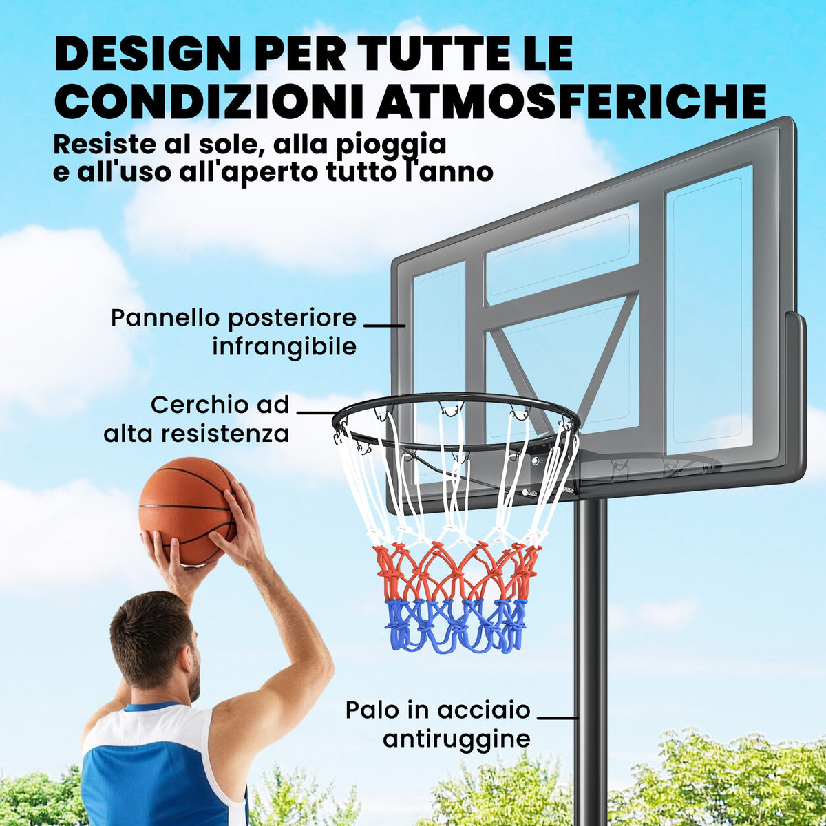 Canestro Basket con Altezza Regolabile 1,3-3 m, Base Riempibile e Ruote, Nero