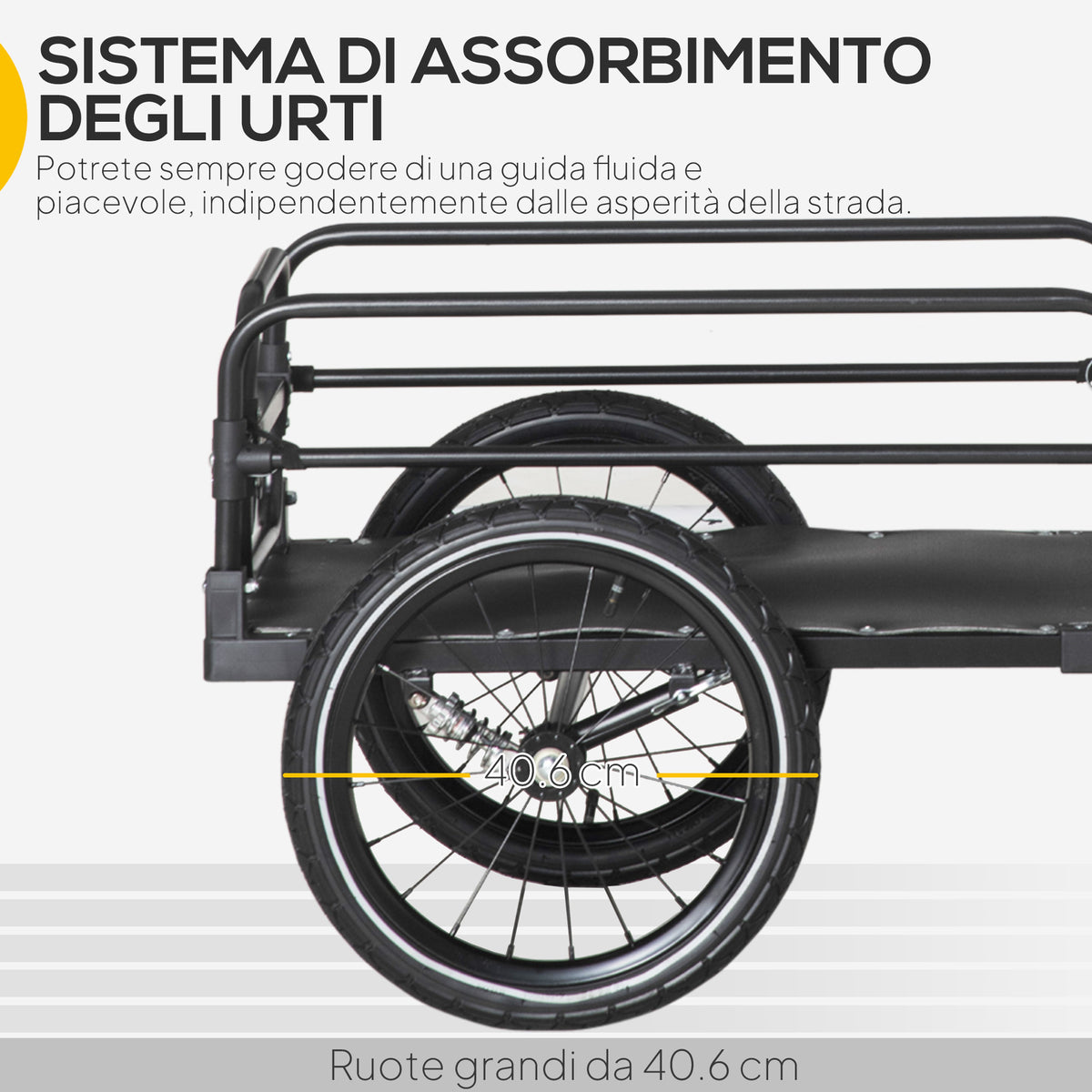 Carrello Bici da 70L con 2 Ruote da 16", 2 Catarifrangenti e Bandierina, in Acciaio e PE, 125x64x53.5 cm, Nero