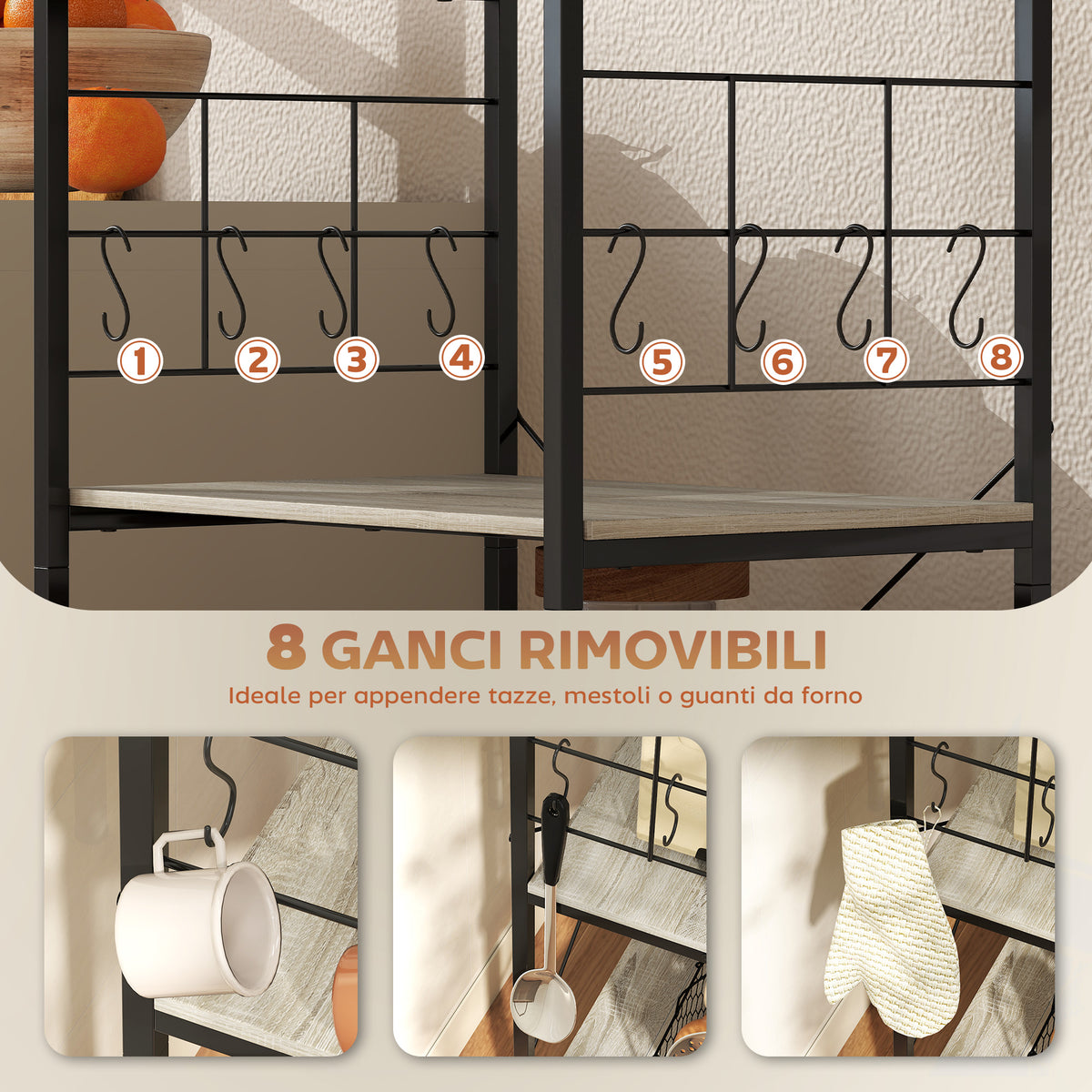 Scaffale Cucina a 4 Livelli con Pannelli a Rete e 8 Ganci Stile Industriale, 60x42x134.5 cm, Rovere