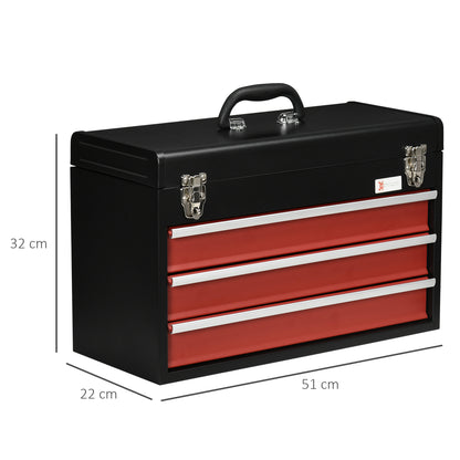 Cassetta Porta Attrezzi in Acciaio con 3 Cassetti e Vassoio Superiore, 51x22x32 cm, Rosso e Nero