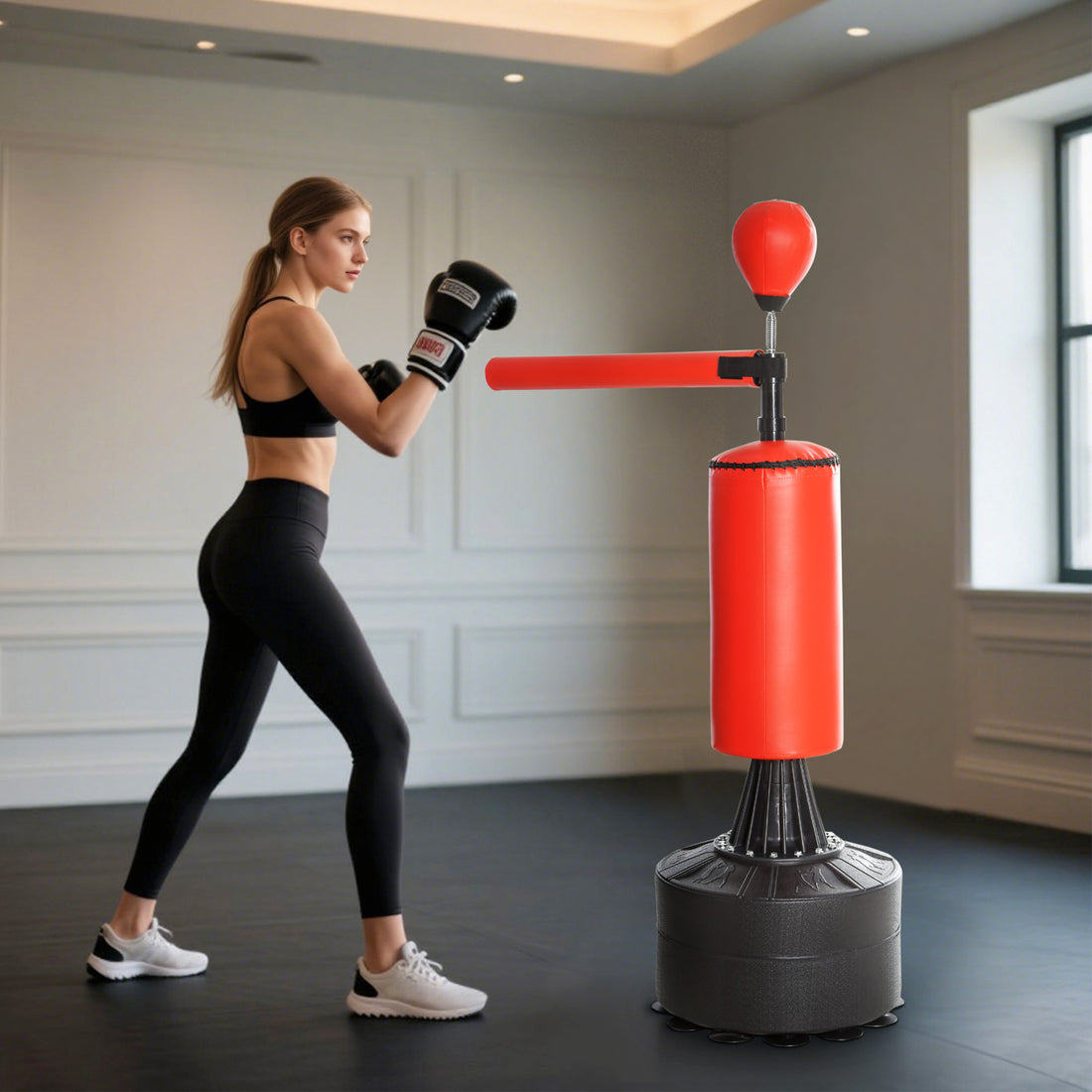 Sacco da Boxe ad Altezza Regolabile con Punching Ball e Base Riempibile, 88x48x155-205 cm, Rosso e Nero
