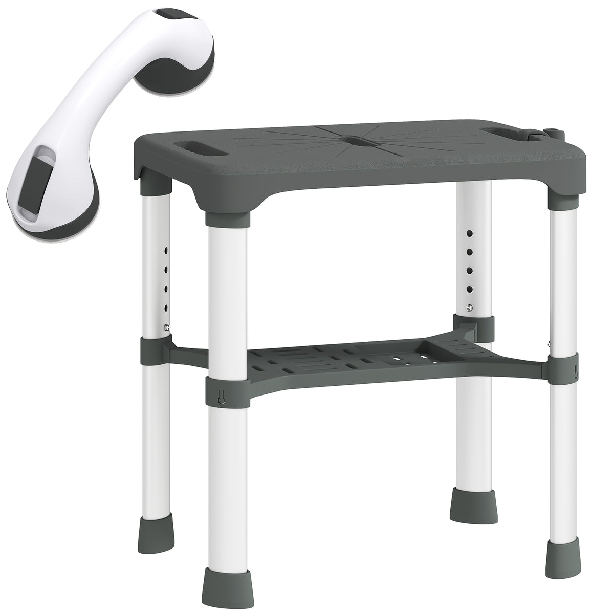 Sgabello per Doccia in Alluminio con Mensola Integrato, Altezza Regolabile 5 Livelli, Portata 150kg, Grigio