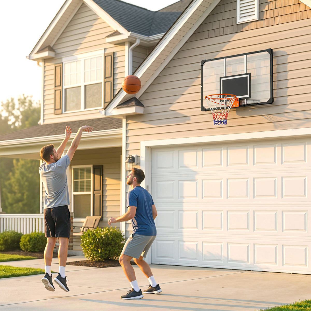 Canestro Basket Esterno a Parete 113x73 cm, Cerchio 45 cm e Rete, Nero