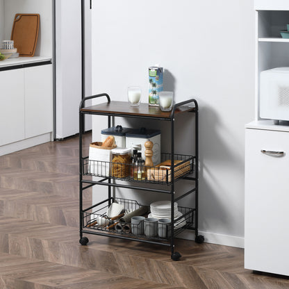 Carrello da Cucina Portavivande Stile Industriale con 4 Ruote, 2 Cestini e 4 Ganci, 60x38x85.5cm, Marrone Nero