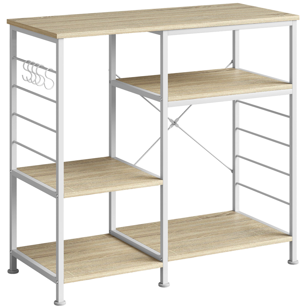 Scaffale Cucina con Ripiani in Legno e Metallo con 5 Ganci, Salvaspazio, 90x39x83.5 cm, Rovere