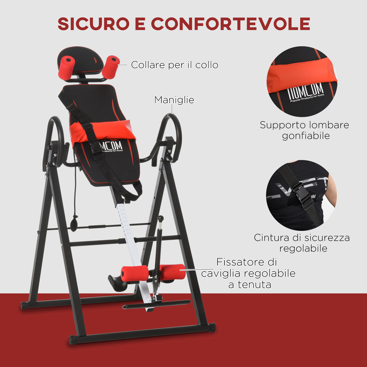 Panca a Inversione con Angolo e Altezza Regolabile e Poggiatesta, in Acciaio e Plastica, 79x114x153 cm, Rosso e Nero