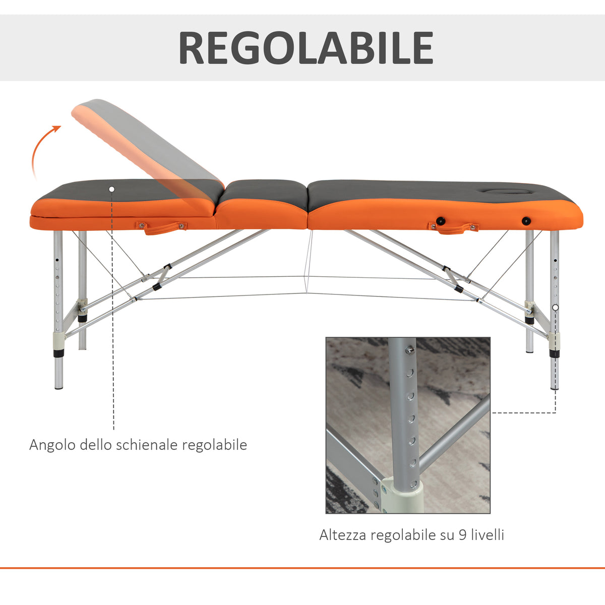 Lettino da Massaggio Pieghevole ad Altezza Regolabile, Lettino Professionale per Massaggi in Alluminio e Plastica, 215x81x61-84 cm, Nero e Arancione
