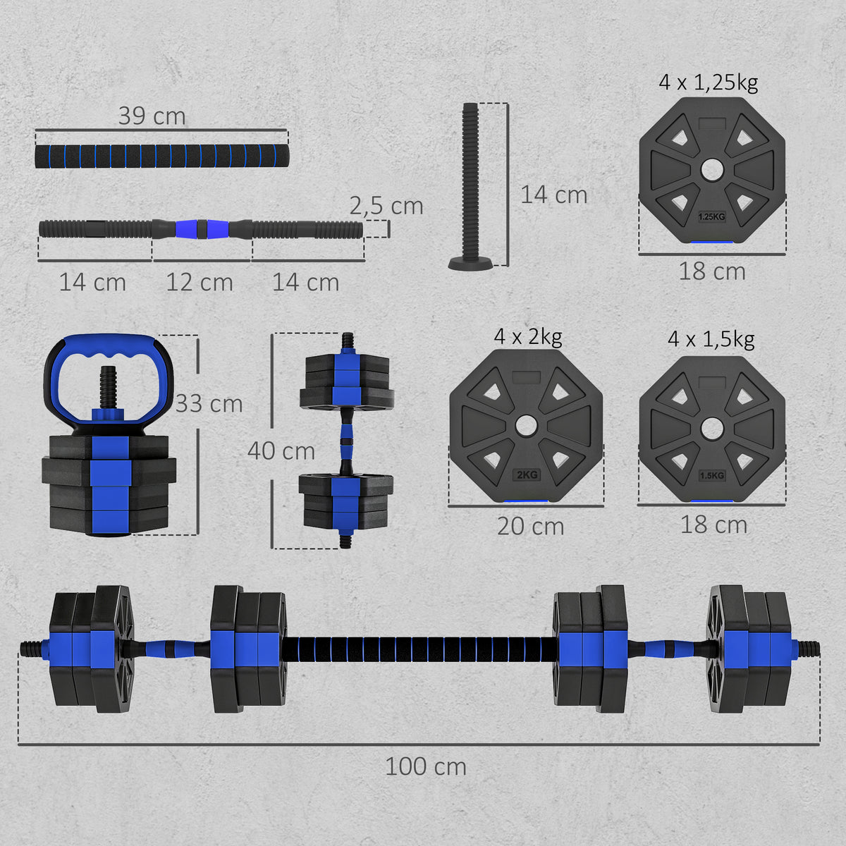 Set Pesi Palestra 6 in 1 Multifunzione da 20kg Totali in Plastica e Sabbia, 125x18x18 cm, Blu