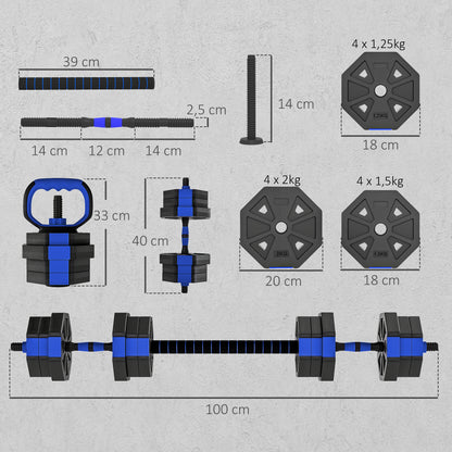 Set Pesi Palestra 6 in 1 Multifunzione da 20kg Totali in Plastica e Sabbia, 125x18x18 cm, Blu
