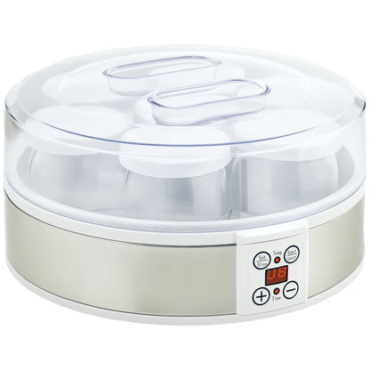 Yogurtiera 20W da 1.5L con 7 Vasetti e Display a Pulsanti, in Acciaio Inox e Plastica, 24x24x13 cm, Bianca
