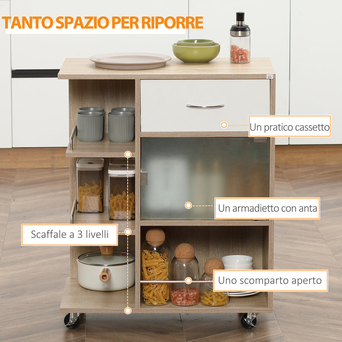 Carrello da Cucina Portavivande con Cassetto, Ripiani e Armadietto in Legno, Acciaio e Vetro, 65x39x80cm