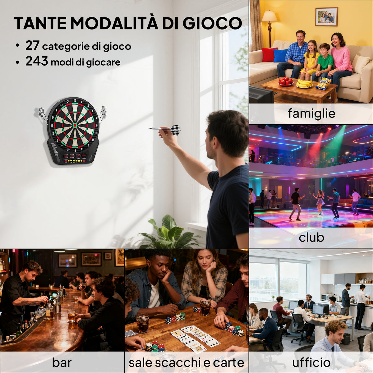 Bersaglio Freccette con 6 Freccette, Alimentatore, 4 Display LED e 27 Giochi, in ABS e PP, 44x51.5x3.2 cm, Nero