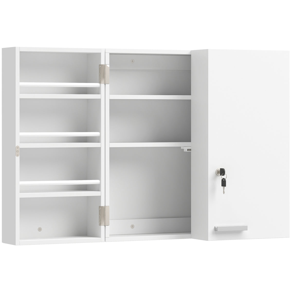Armadietto Medicinali con 3 Mensole Interne e 8 Portabottiglie, in Legno e Metallo, 53x20x53 cm, Bianco