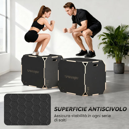 Plyo Box in Legno 3 in 1, Box Pliometrico per Salti Antiscivolo con Maniglie per Allenamento in Casa Palestra, 76x61x51 cm, Nero