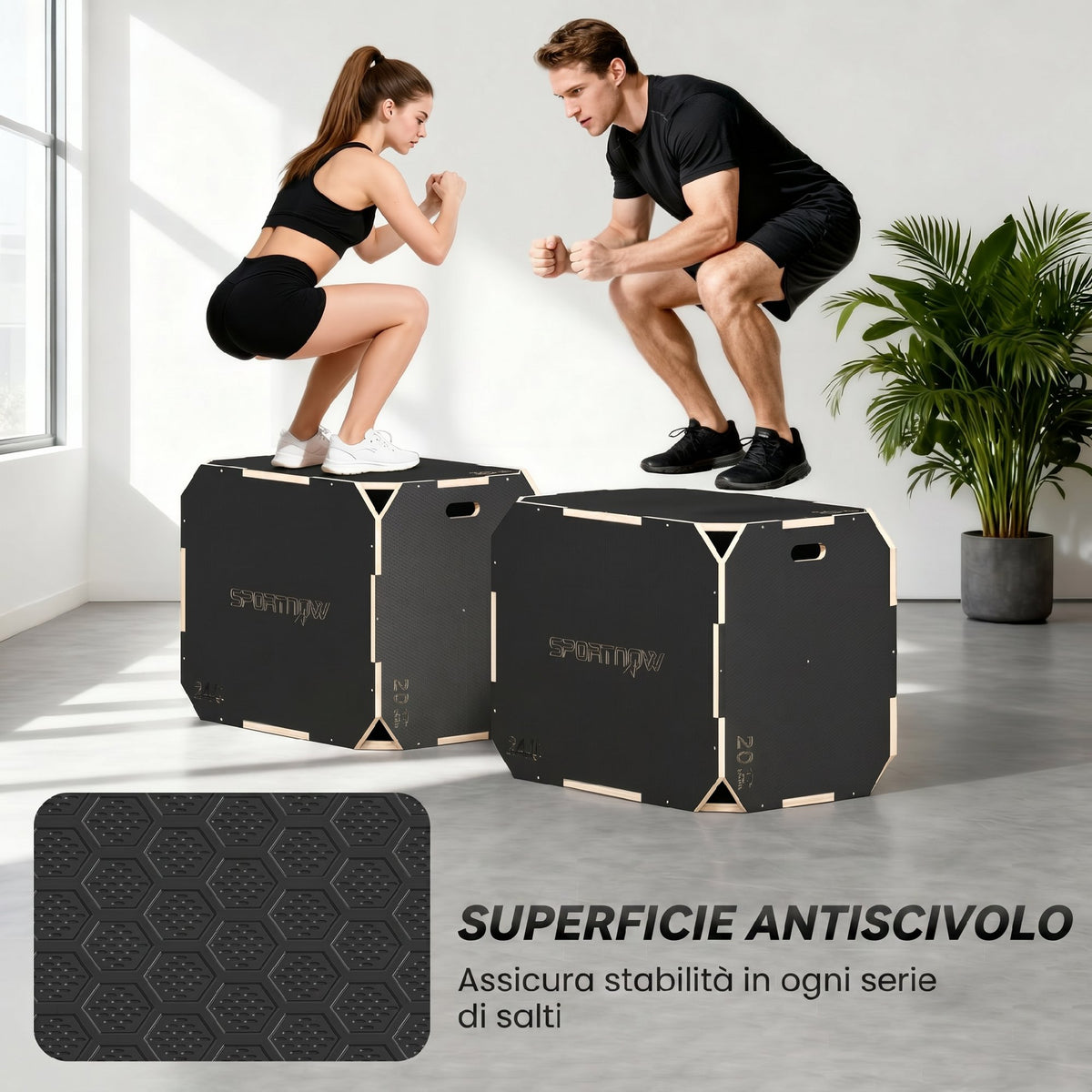 Plyo Box in Legno 3 in 1, Box Pliometrico per Salti Antiscivolo con Maniglie per Allenamento in Casa Palestra, 76x61x51 cm, Nero