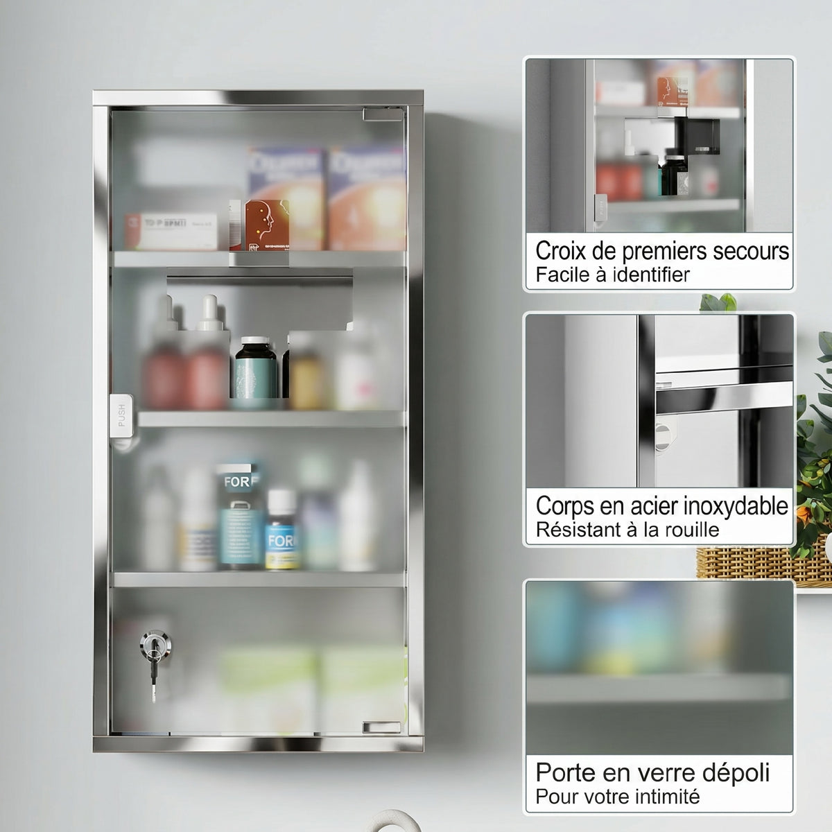 Armadietto Medicinale Cassetta Porta Medicina a Quattro Ripiani in Acciaio Inox 30 x 12 x 60cm