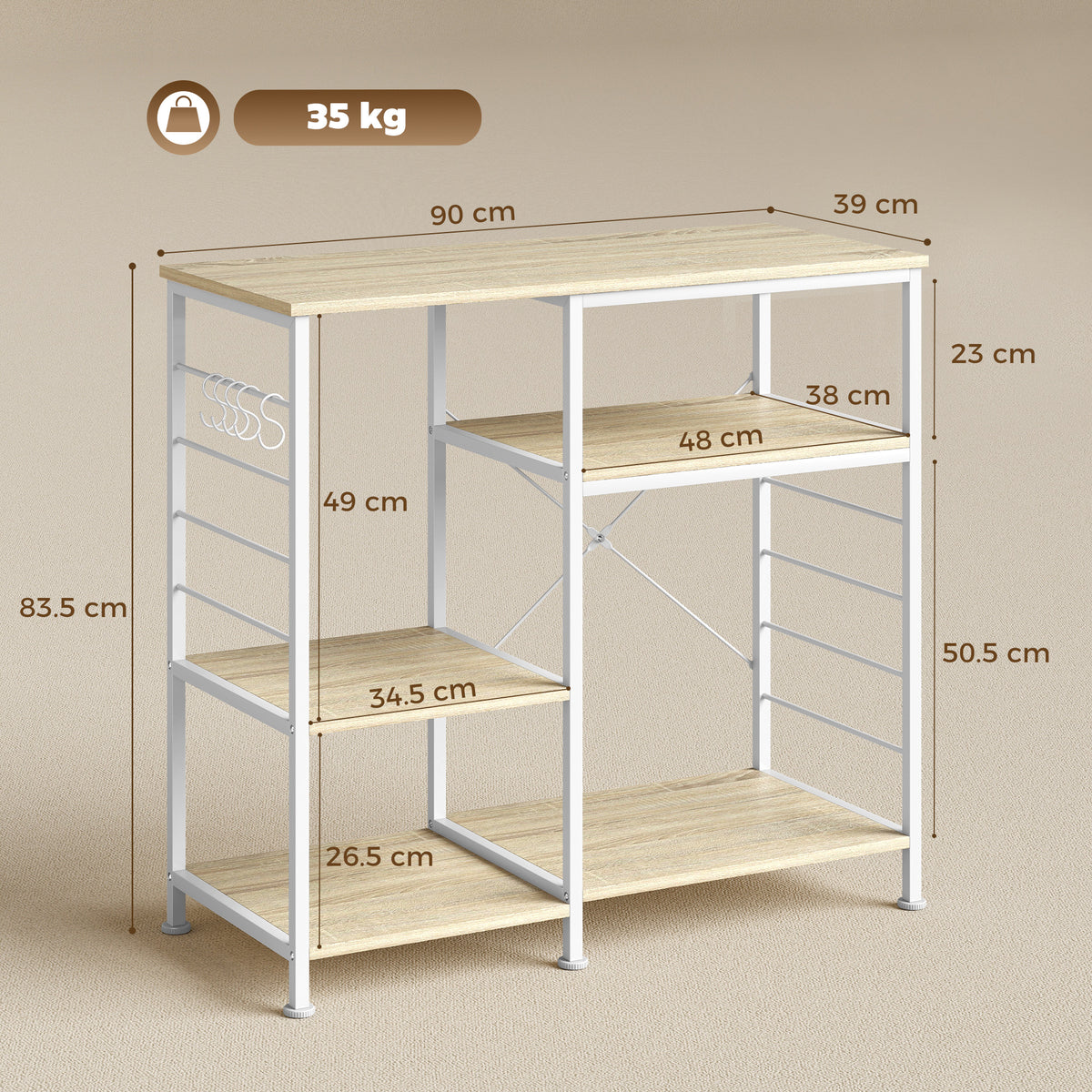Scaffale Cucina con Ripiani in Legno e Metallo con 5 Ganci, Salvaspazio, 90x39x83.5 cm, Rovere