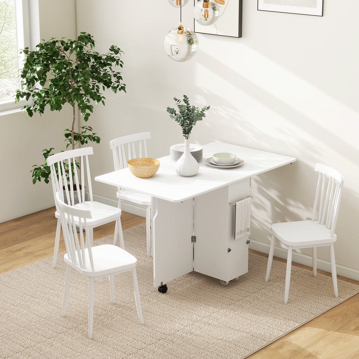 Tavolo a Ribalta Pieghevole con Ripiani a 3 Livelli, Box e Rotelle, in MDF, 130x80x76.5 cm, Bianco
