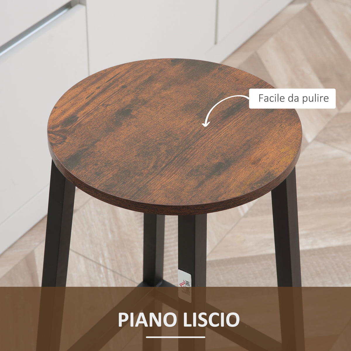 Set 2 Sgabelli da Cucina in Truciolato e Acciaio con Piano Liscio e Poggiapiedi, 32.5x32.5x65 cm, Marrone