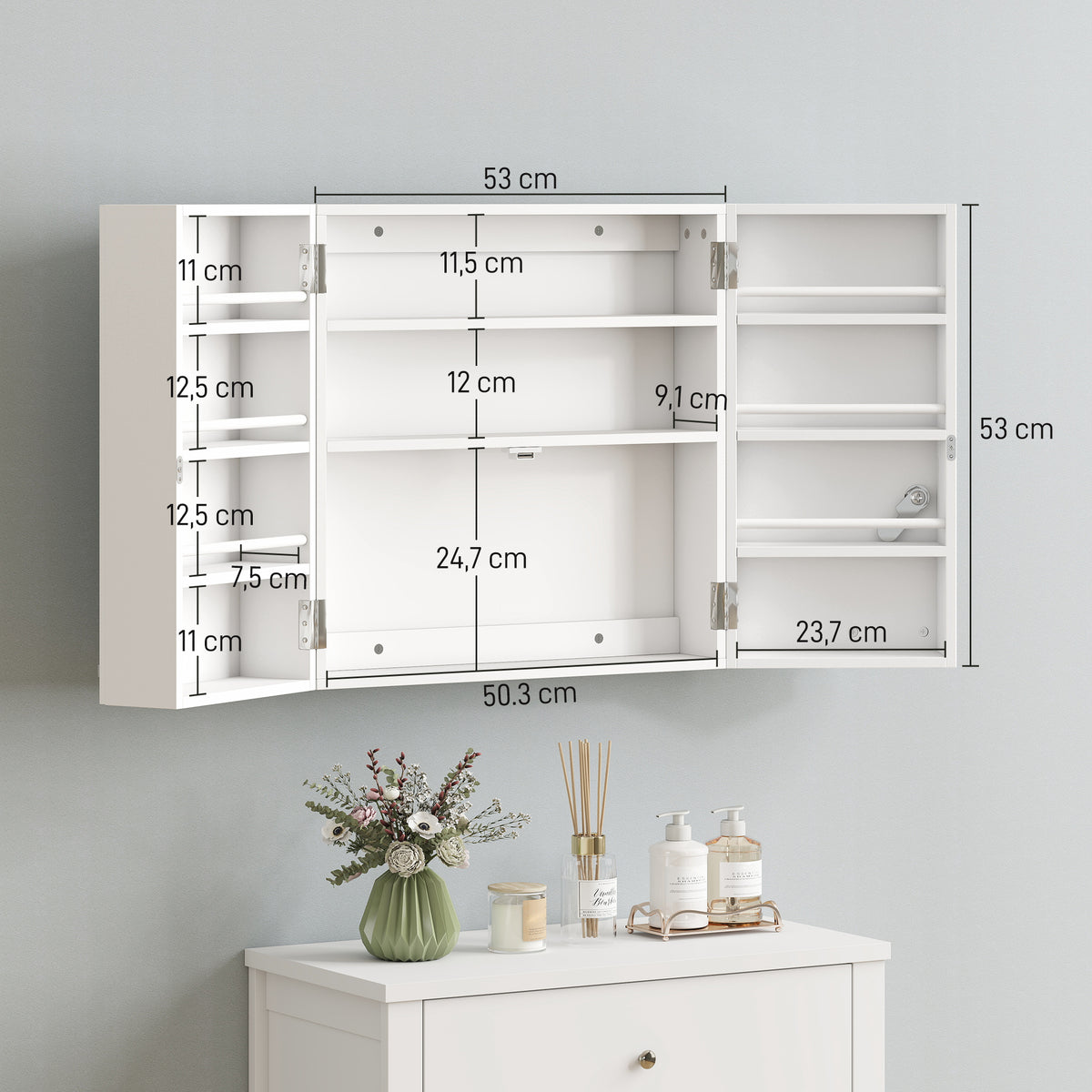 Armadietto Medicinali con 3 Mensole Interne e 8 Portabottiglie, in Legno e Metallo, 53x20x53 cm, Bianco