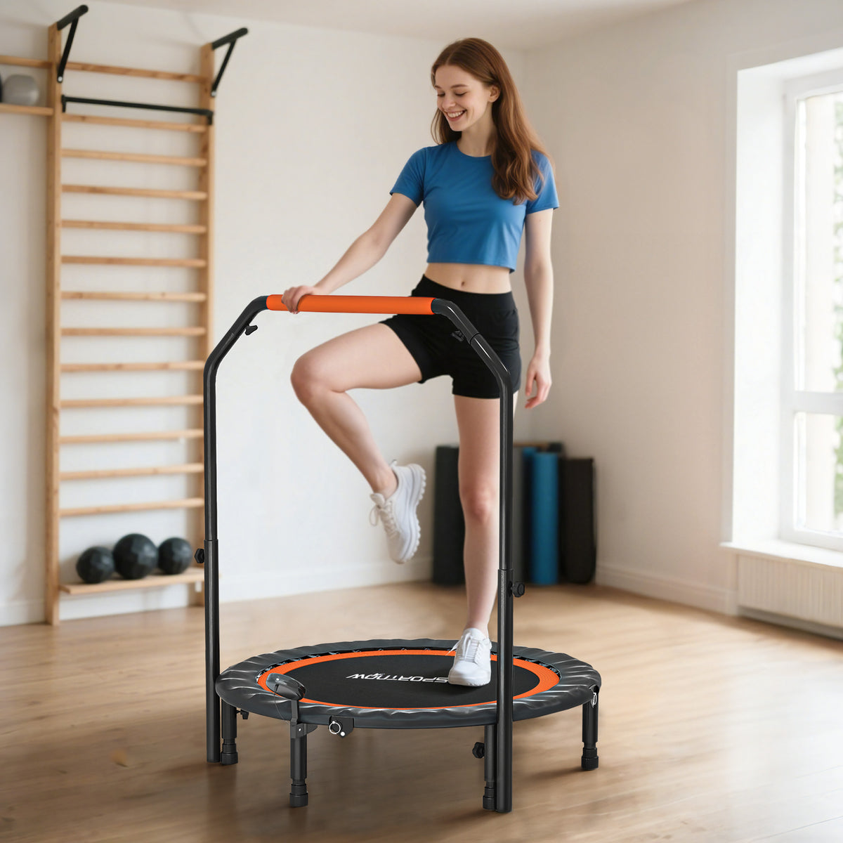Mini Trampolino Fitness 102 cm con Manubrio Regolabile, Trampolino Elastico Pieghevole, Nero