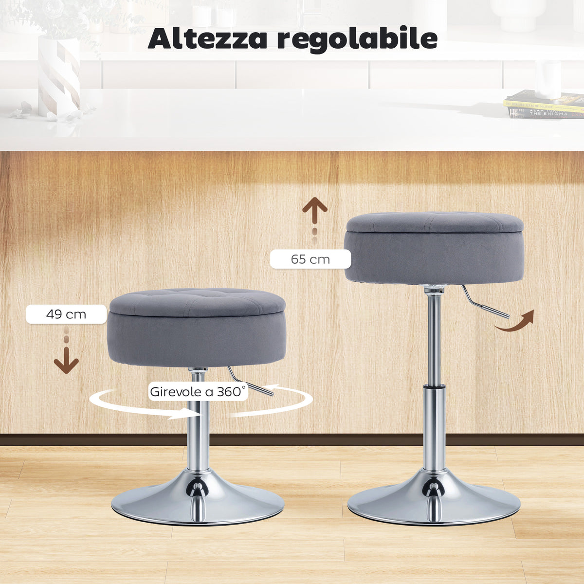 Sgabello da Bar con Altezza Regolabile e Vano Contenitore, Seduta Girevole Imbottita Senza Schienale, Grigio