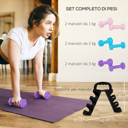Set 6 Manubri Pesi (2x1 kg, 2x2 kg, 2x3 kg) da 12 kg con Supporto/Kettlebell, in Metallo e PP Rosa, Azzurro e Viola