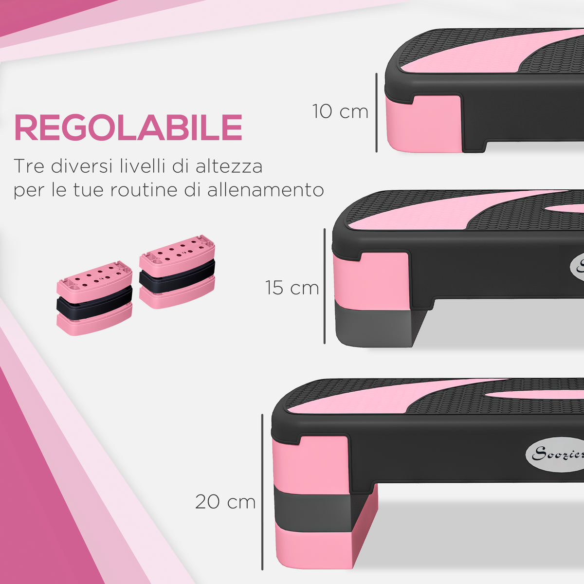 Step Fitness da Aerobica Regolabile su 3 Altezze, in Plastica, 80x31x10/15/20 cm, Rosa