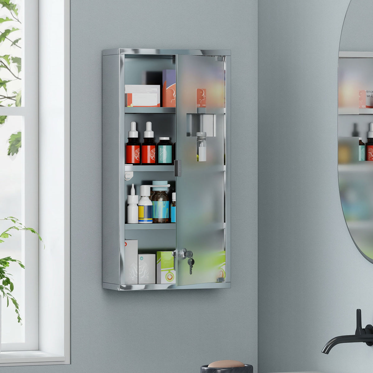 Armadietto Medicinale Cassetta Porta Medicina a Quattro Ripiani in Acciaio Inox 30 x 12 x 60cm