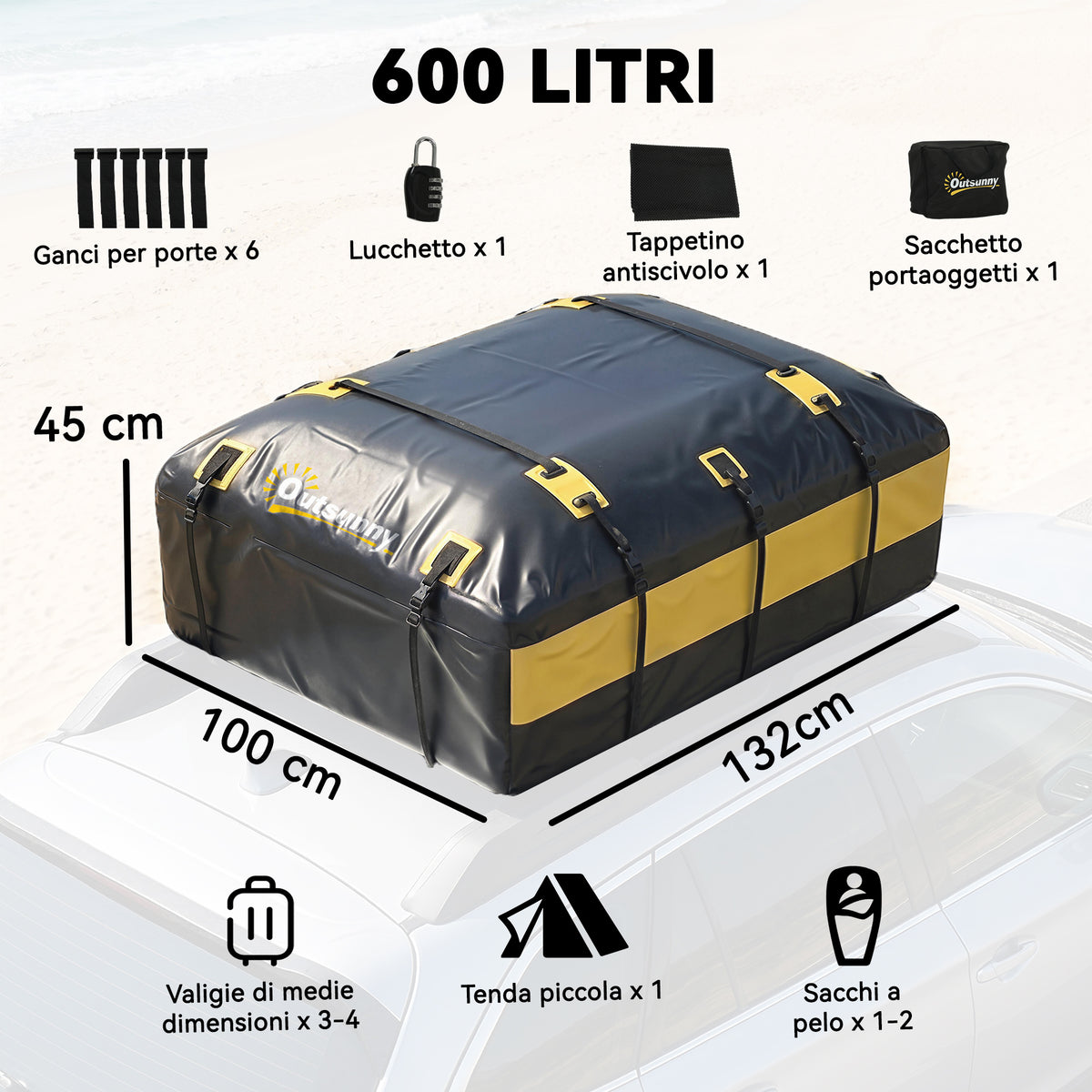 Portabagagli da Tetto 595 Litri Impermeabile, Borsa per Auto, Giallo