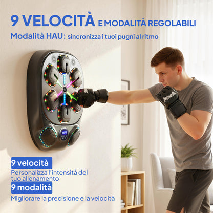 Macchina da Boxe Musicale a Parete con 9 Modalità, Luci LED e Connessione Bluetooth, 61x48x11 cm, Nero