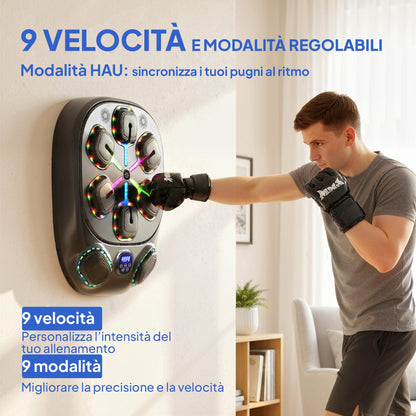Macchina da Boxe Musicale a Parete con 9 Modalità, Luci LED e Connessione Bluetooth, 61x48x11 cm, Nero