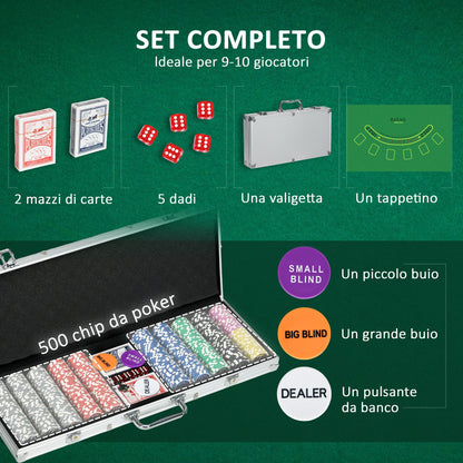 Set Poker per 9-10 Giocatori con 500 Fiches, 2 Mazzi di Carte e 5 Dadi, in Alluminio e Poliestere