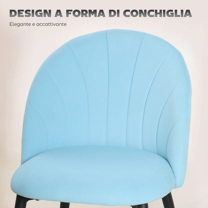 Set 2 Sedie da Pranzo Imbottite con Schienale a Conchiglia in Velluto, 52x55x79 cm, Azzurro
