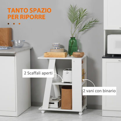 Carrello da Cucina Portavivande in Legno con 2 Ripiani e Ruote, 60x38x77cm, Bianco
