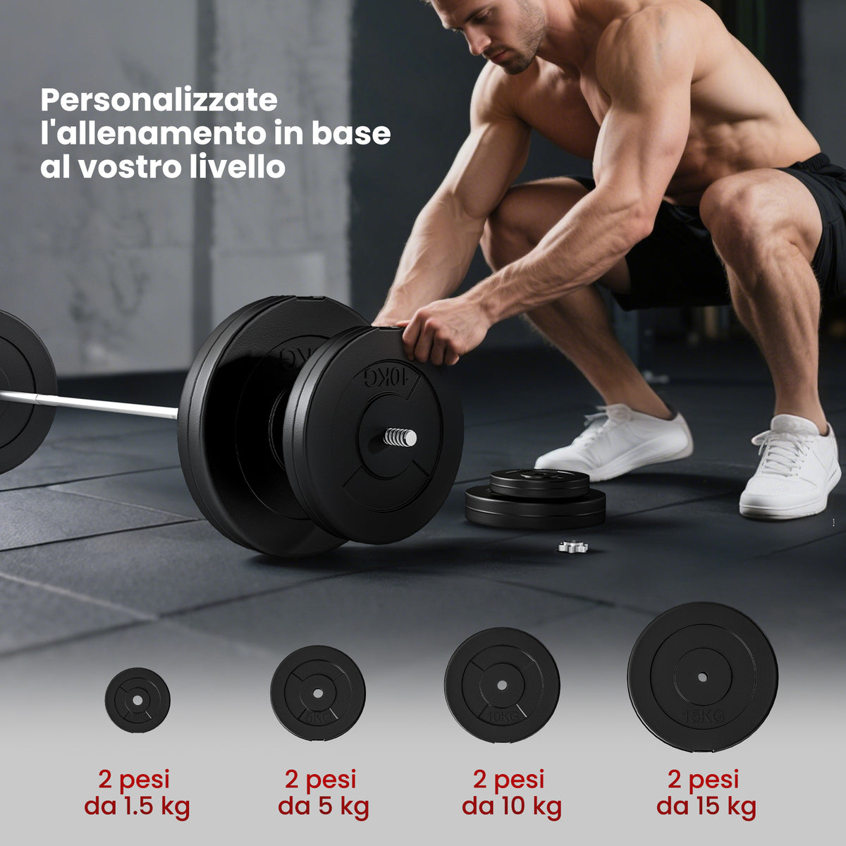 Set Bilanciere e Dischi da 70 kg totali con 8 Pesi, Regolabile e Antiscivolo, Nero