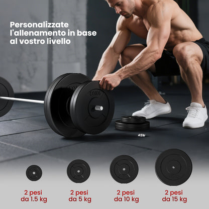 Set Bilanciere e Dischi da 70 kg totali con 8 Pesi, Regolabile e Antiscivolo, Nero