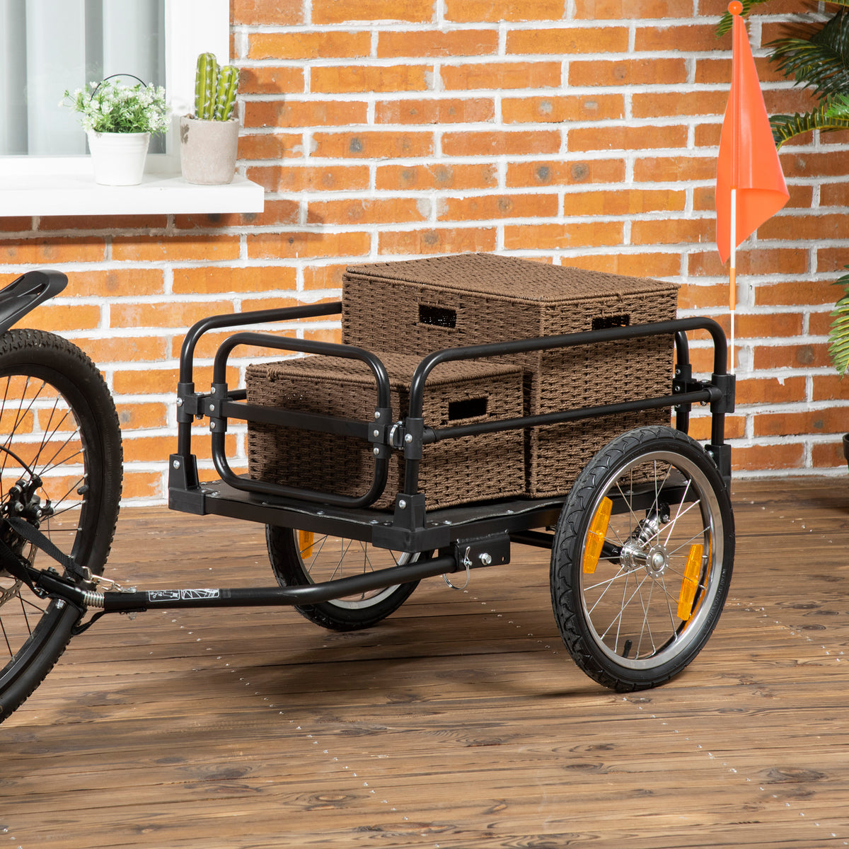 Carrello Bici da 70L con 2 Ruote da 16", 2 Catarifrangenti e Bandierina, in Acciaio e PE, 125x64x53.5 cm, Nero