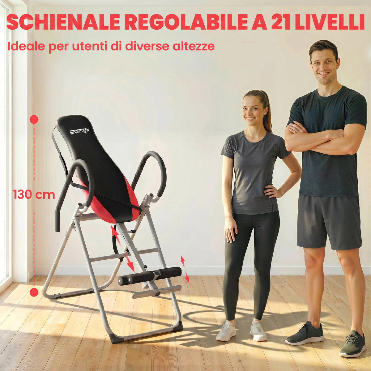 Panca ad Inversione Pieghevole e Regolabile con Cintura di Sicurezza, in Acciaio,122x59x130 cm, Rosso e Nero