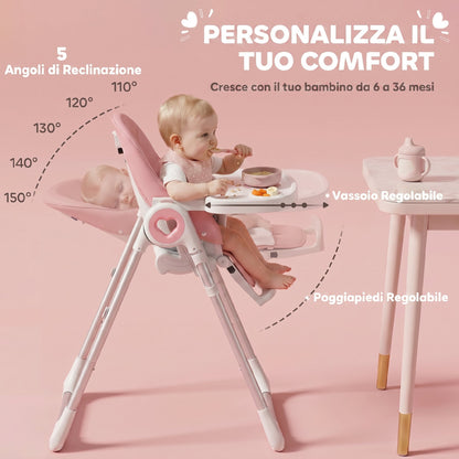 Seggiolone Pappa Pieghevole per Bambini 6-36 Mesi con Altezza Regolabile, Doppio Vassoio Lavabile, Ruote, Rosa