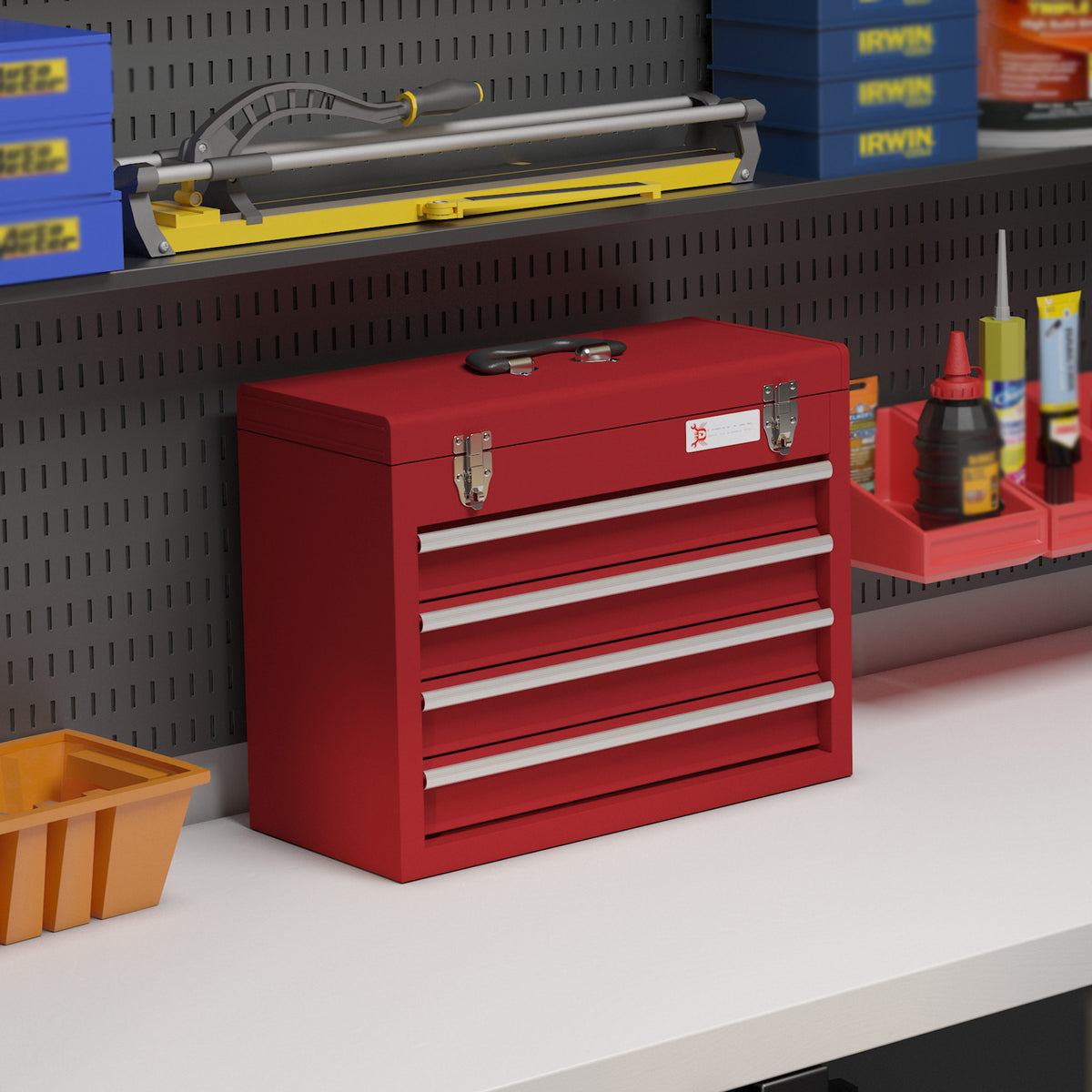 Cassetta Porta Attrezzi in Acciaio con 4 Cassetti, Vassoio Superiore a Doppia Serratura, 51x22x39.5 cm, Rosso
