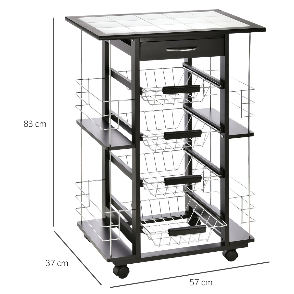 Carrello da Cucina con Cassetto, 4 Cesti di Frutta Estraibili e Piano in Ceramica, Carrello Cucina Salvaspazio con 4 Ripiani Laterali in Legno di Pino e Metallo, 57x37x83 cm, Nero