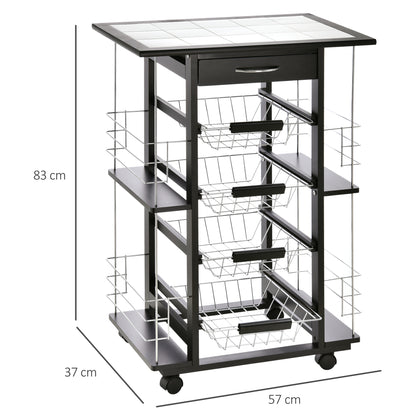 Carrello da Cucina con Cassetto, 4 Cesti di Frutta Estraibili e Piano in Ceramica, Carrello Cucina Salvaspazio con 4 Ripiani Laterali in Legno di Pino e Metallo, 57x37x83 cm, Nero